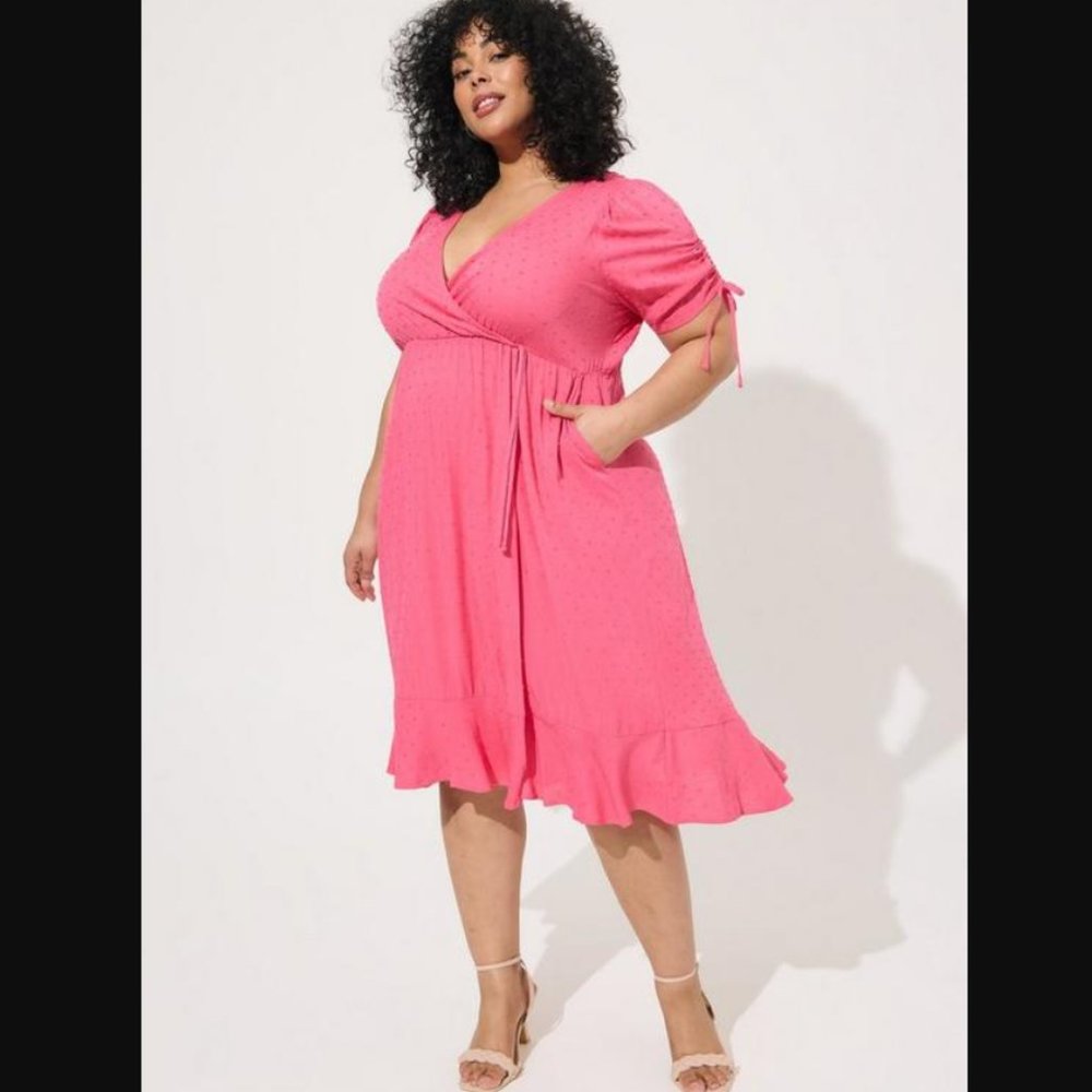 NWT, CUTE** - TORRID PINK Midi Swiss Linen Surplice Dress | OFFERS WELCOME!